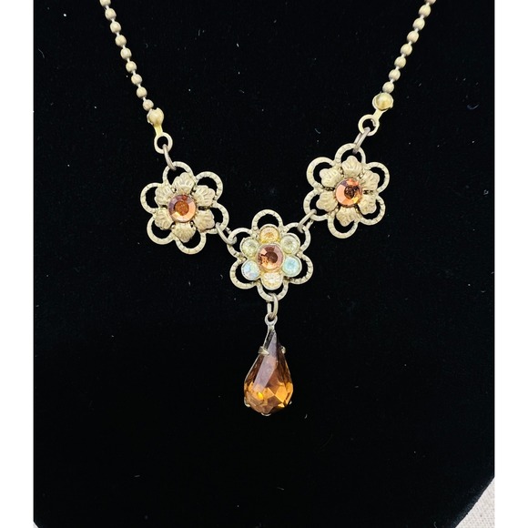 Michal Negrin Jewelry - Michal Negrin Vintage Floral Crystal Drop Necklace Antiqued Brass Amber Glass